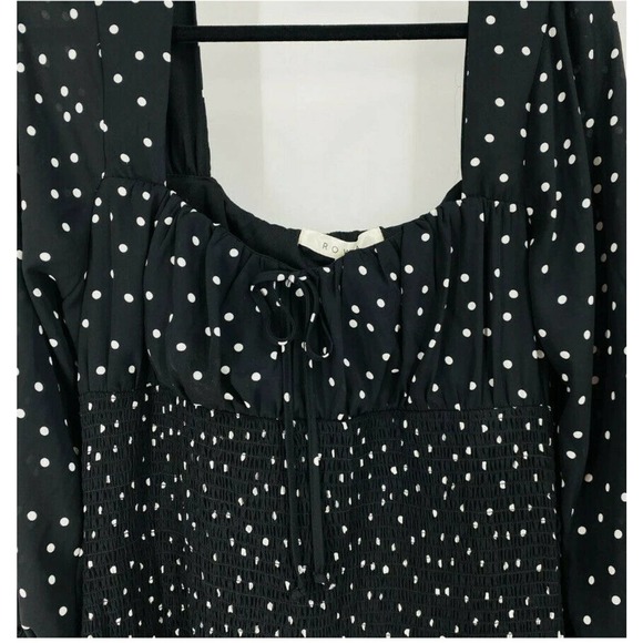 NWT Row A Womens Medium Black Polka Dot Long Sleeve Smocked Dress Cocktail W12 - Picture 3 of 5